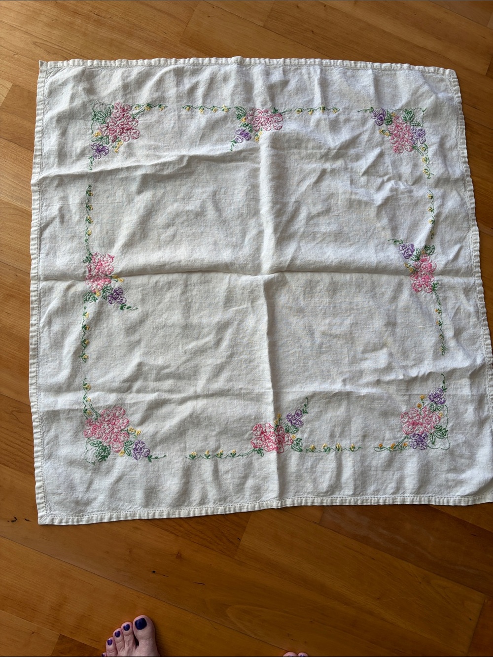 Embroidered Floral Linen Tablecloth - White with Pink & Purple Flowers